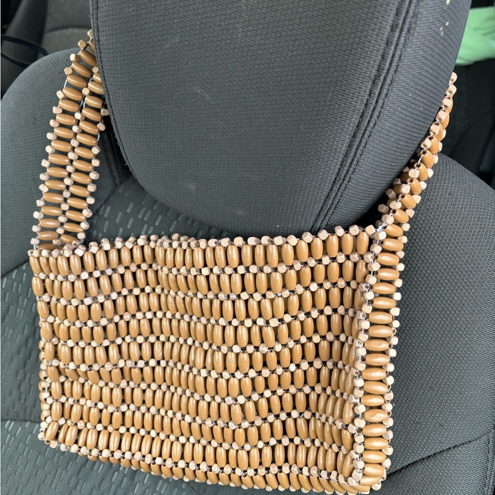 Tan Wooden Beaded Shoulder Bag with Geometric Design